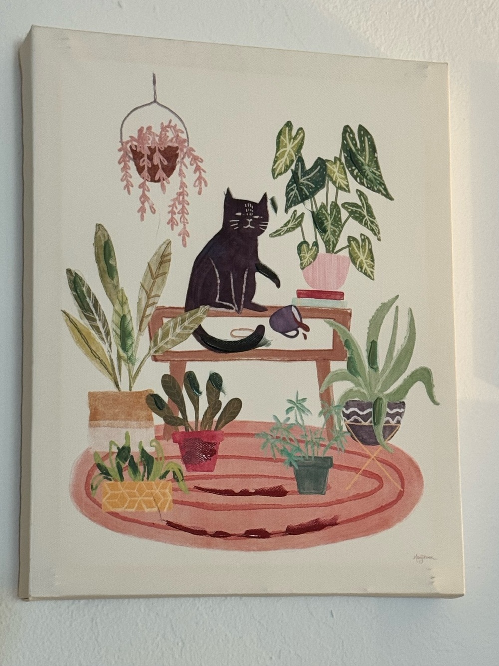 Botanical Cat Canvas Art Print in Pink and Green